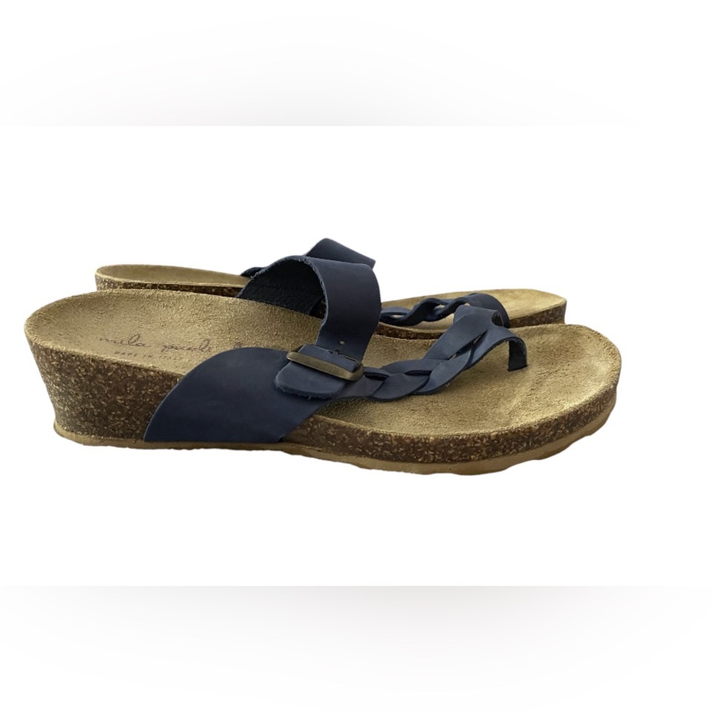 Mila Paoli Women Sz 9Cork Wedge Leather Sandals Blue Toe Wrap Braid Buckle Strap - Picture 4 of 7